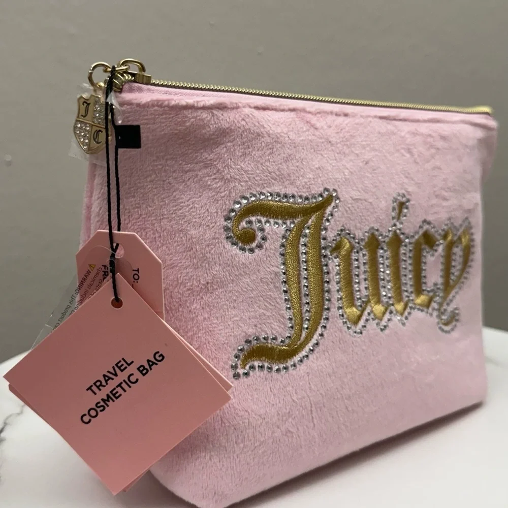 Juicy Couture Pink Velour Cosmetic Bag – Rhinestone Logo – New with Tags